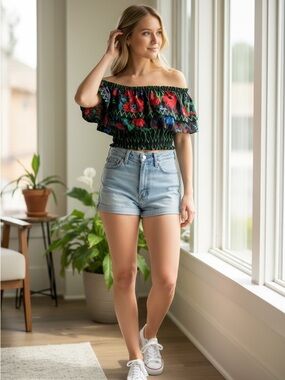 Kenzo x H&M Off-Shoulder Floral Crop Top (black, blue, red, green) size US 10